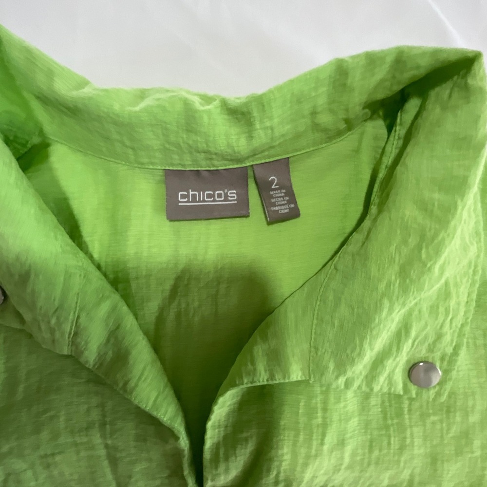 Chico's Women's Green Button Front 3/4 Sleeve Textured Linen Top Sz 2 Large 12 - Picture 4 of 7